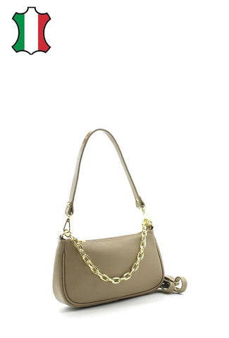 Mila - чанта от естествена кожа и декоративен елемент верижка - каки