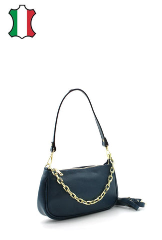 Mila - чанта от естествена кожа и декоративен елемент верижка - петрол
