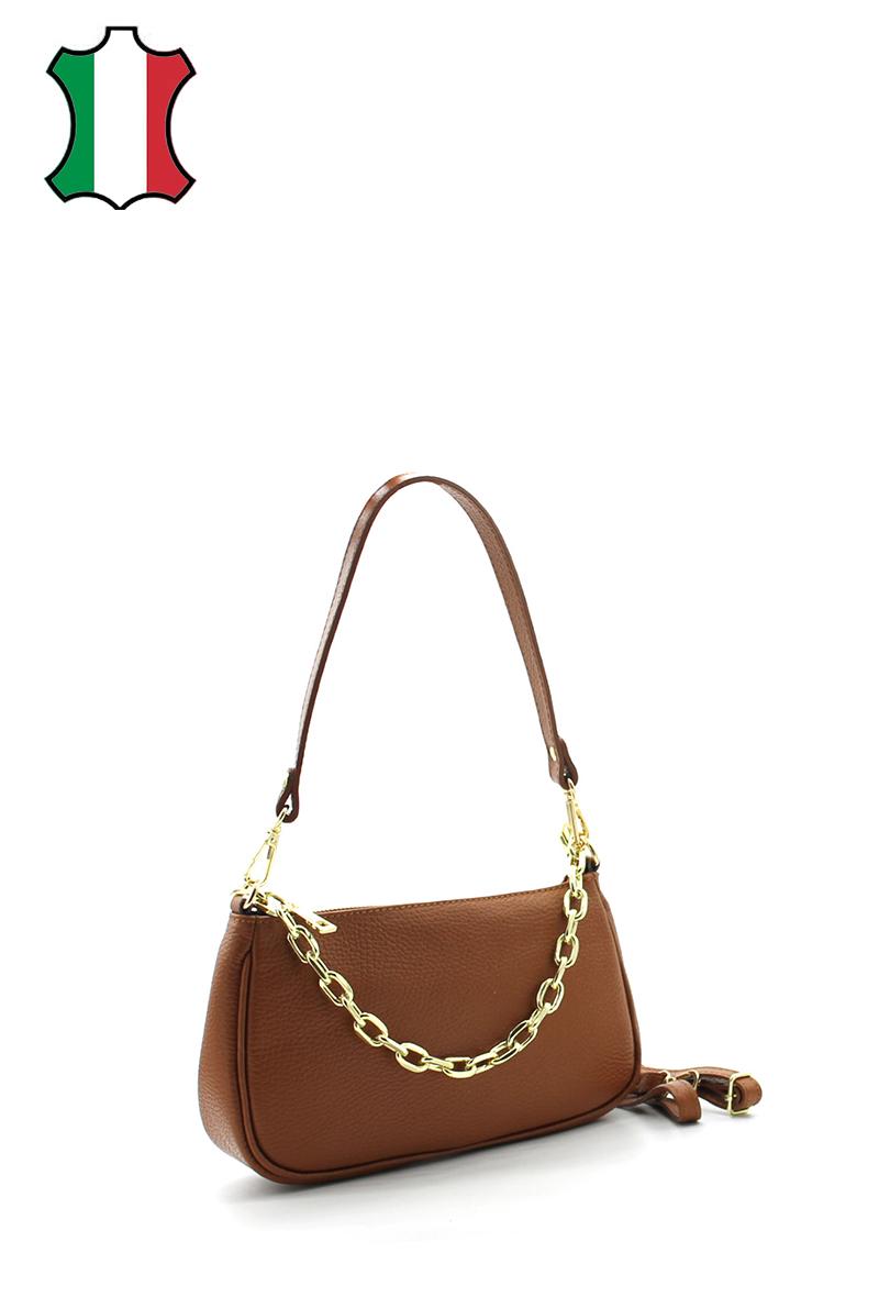 Mila - чанта от естествена кожа и декоративен елемент верижка - коняк