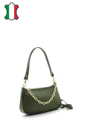 Mila - чанта от естествена кожа и декоративен елемент верижка - Olive