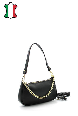 Mila - чанта от естествена кожа и декоративен елемент верижка - черна