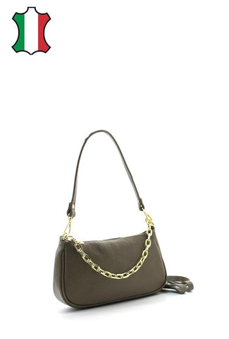 Mila - чанта от естествена кожа и декоративен елемент верижка - св. зелена