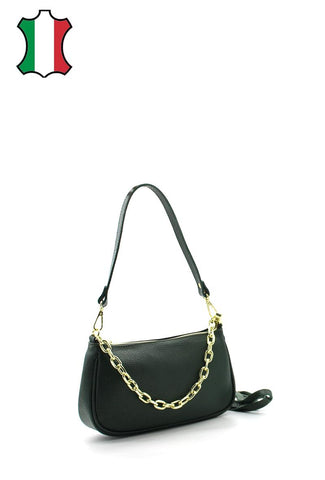 Mila - чанта от естествена кожа и декоративен елемент верижка - тъмно зелена