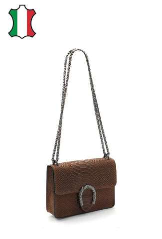 Gianna - разкошна чанта от естествена кожа и декоративен елемент - коняк
