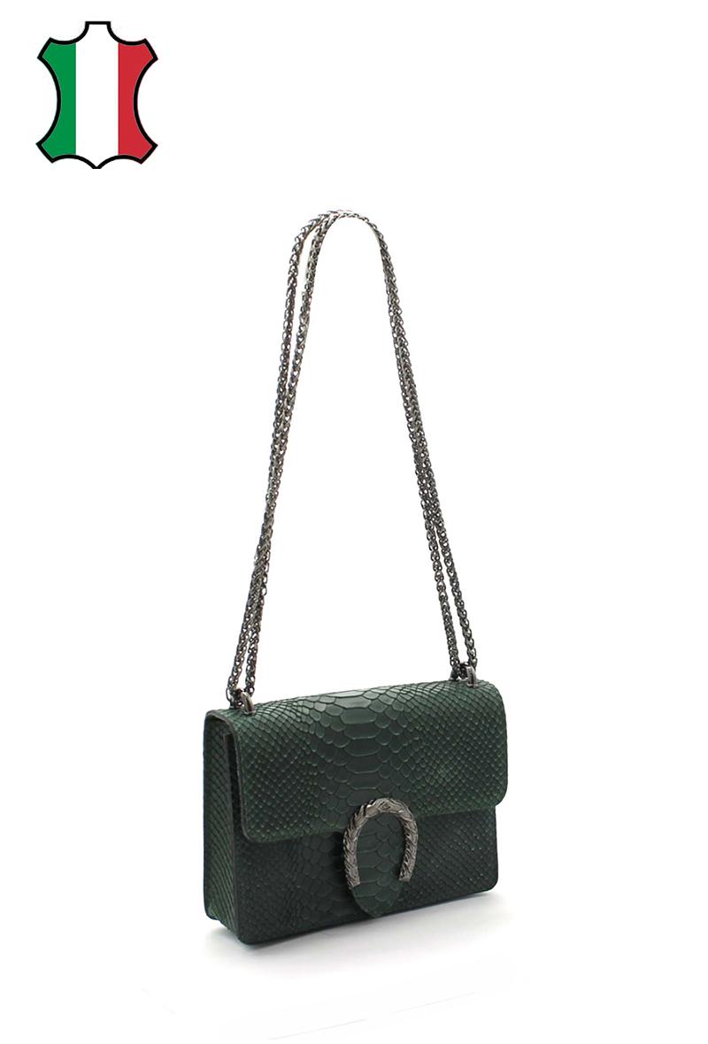 Gianna - разкошна чанта от естествена кожа и декоративен елемент - зелена