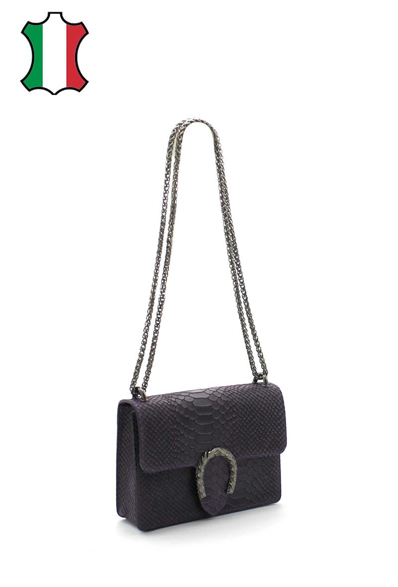 Gianna - разкошна чанта от естествена кожа и декоративен елемент - тъмен виолет