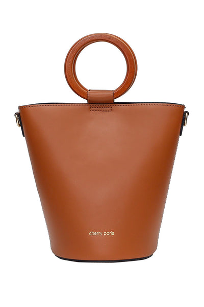 Barbara - бъкет чанта от естествена кожа и дървени дръжки - коняк