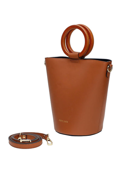 Barbara - бъкет чанта от естествена кожа и дървени дръжки - коняк