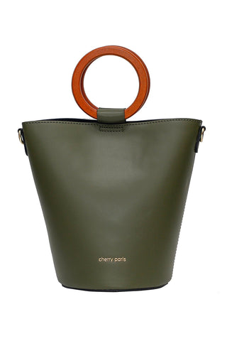 Barbara - бъкет чанта от естествена кожа и дървени дръжки - olive