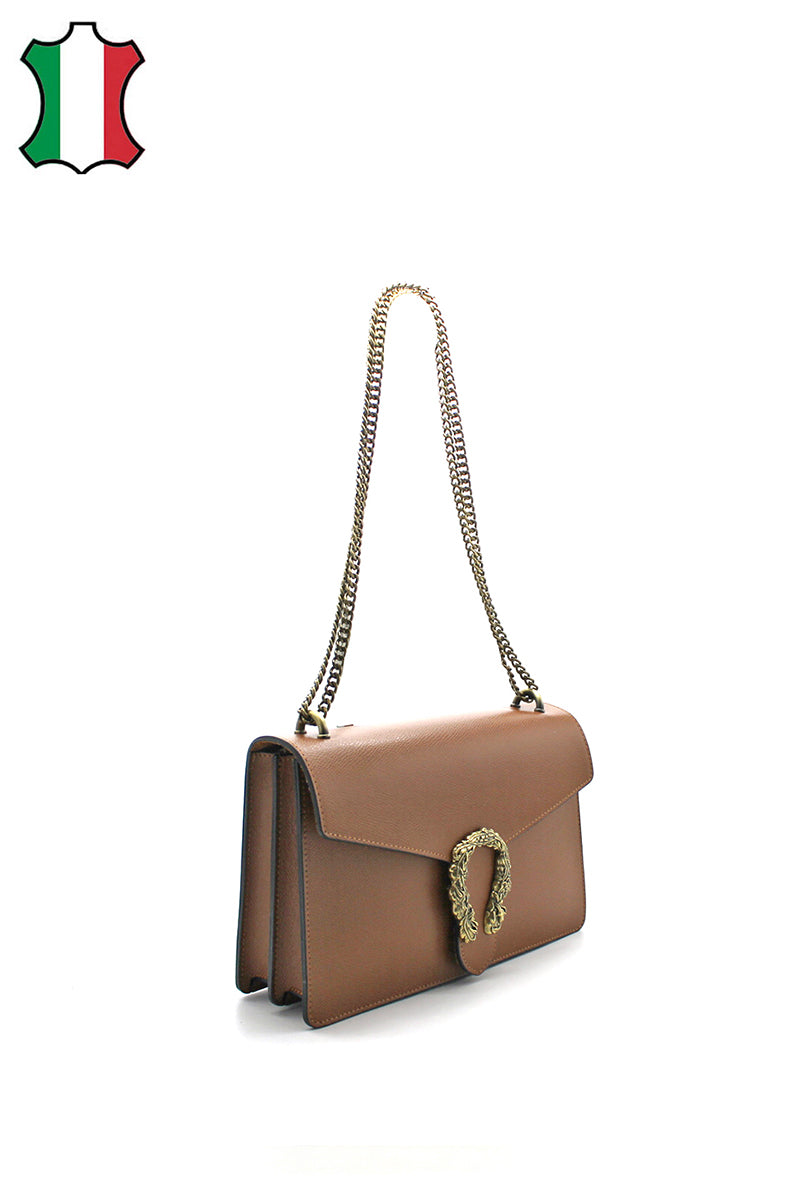 Dionysus - изтънчена чанта от естествена кожа и декоративен аксесоар - коняк