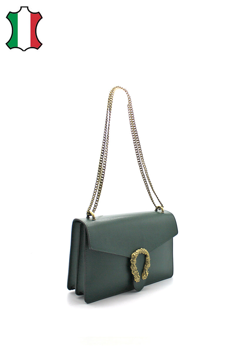 Dionysus - изтънчена чанта от естествена кожа и декоративен аксесоар - зелена